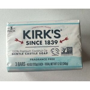 Kirk's Gentle Castile Soap Coconut Oil -‎ Fragrance Free 3 - 4 oz Bar(S) New